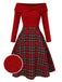 Grün 1950er Weihnachten Schulterfrei Tartan Kleid