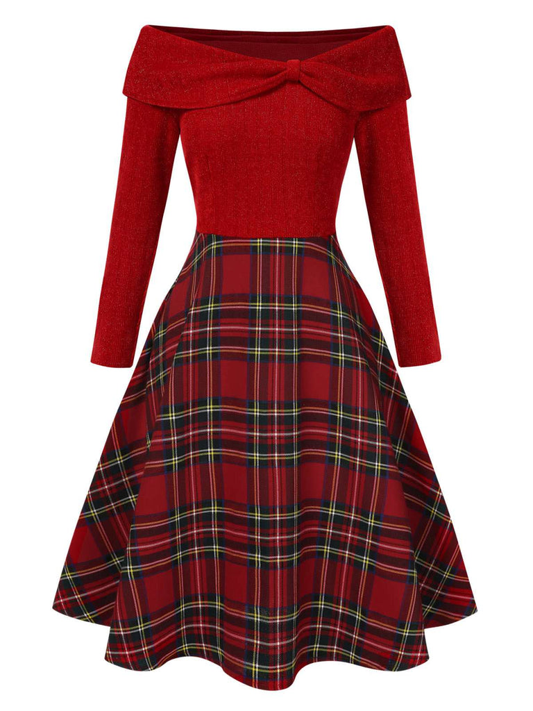 Rot 1950er Weihnachten Schulterfrei Tartan Kleid