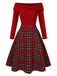 Grün 1950er Weihnachten Schulterfrei Tartan Kleid