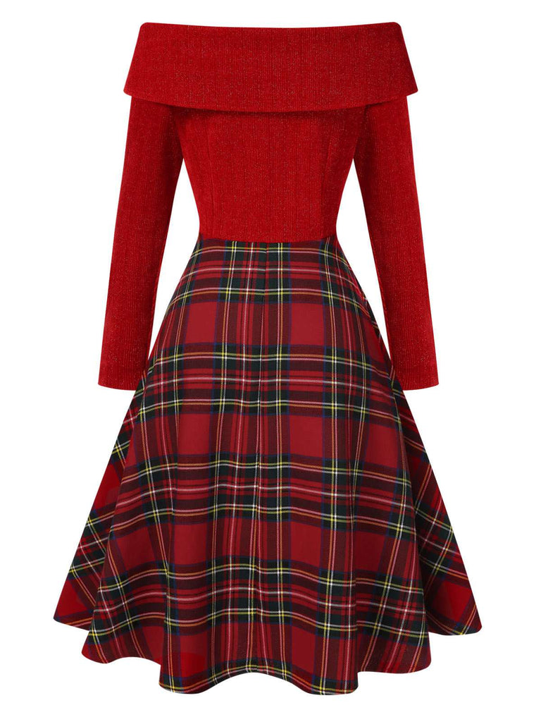 [Vorverkauf] Rot 1950er Weihnachten Schulterfrei Tartan Kleid