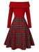 Rot 1950er Weihnachten Schulterfrei Tartan Kleid