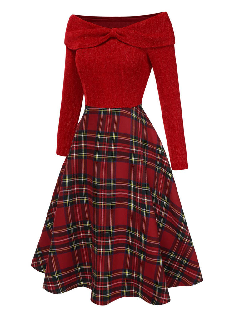 Rot 1950er Weihnachten Schulterfrei Tartan Kleid