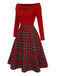 Grün 1950er Weihnachten Schulterfrei Tartan Kleid