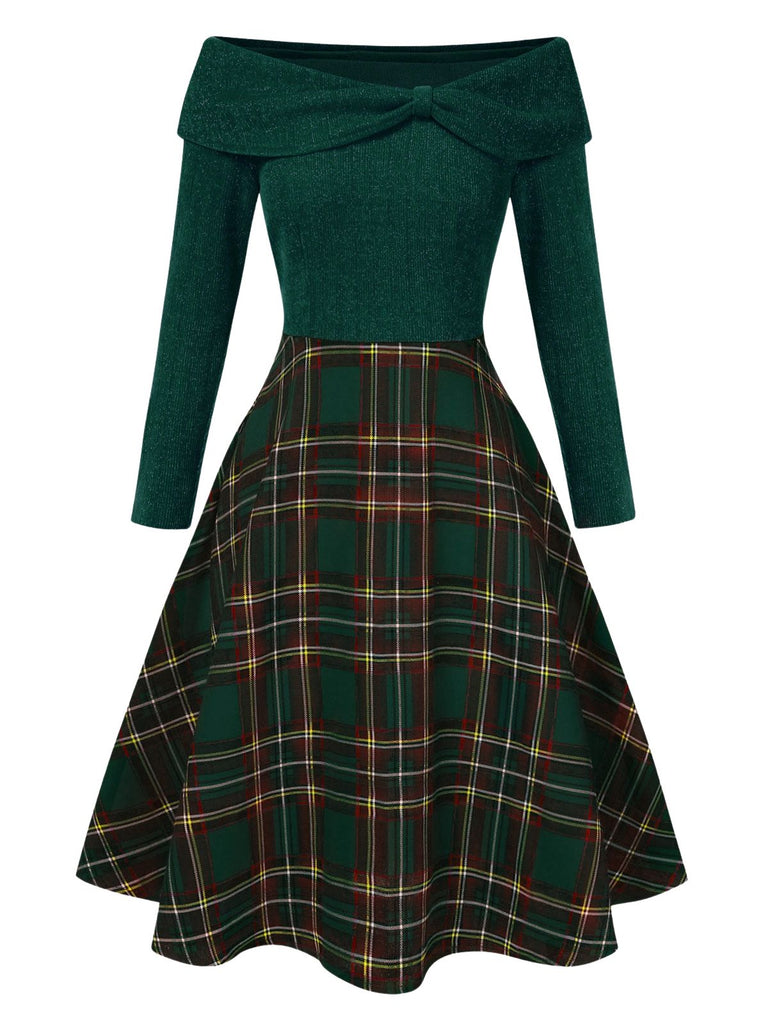 Rot 1950er Weihnachten Schulterfrei Tartan Kleid