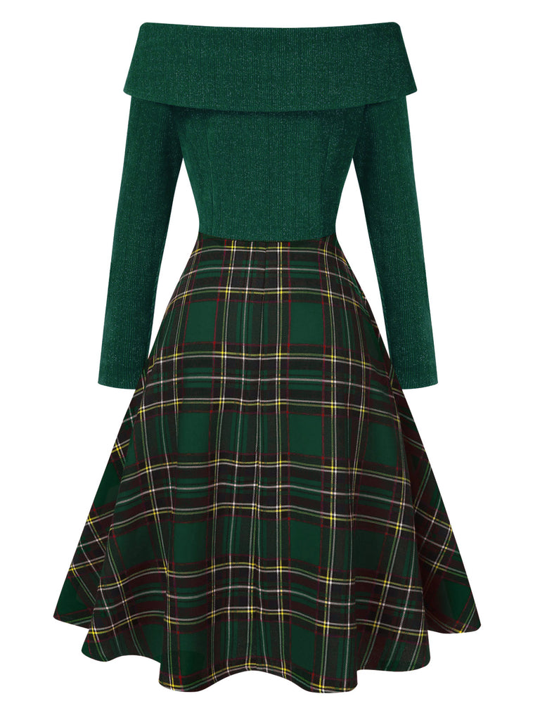 [Vorverkauf] Grün 1950er Weihnachten Schulterfrei Tartan Kleid