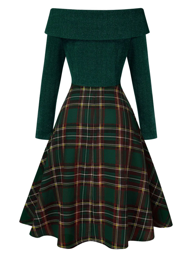 Rot 1950er Weihnachten Schulterfrei Tartan Kleid