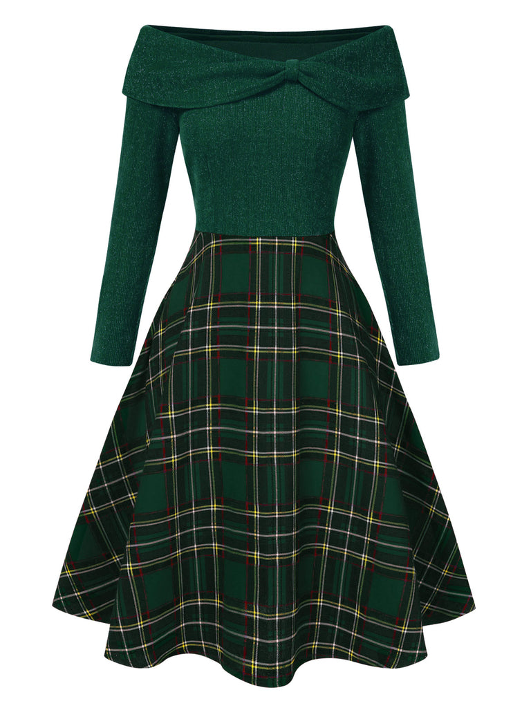 [Vorverkauf] Grün 1950er Weihnachten Schulterfrei Tartan Kleid