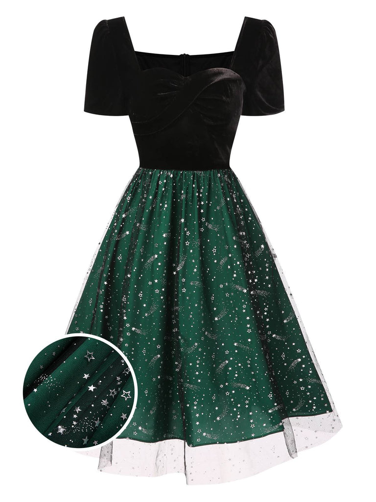 [Vorverkauf] Schwarz & Grün 1950er Sterne Masche Samt Kleid