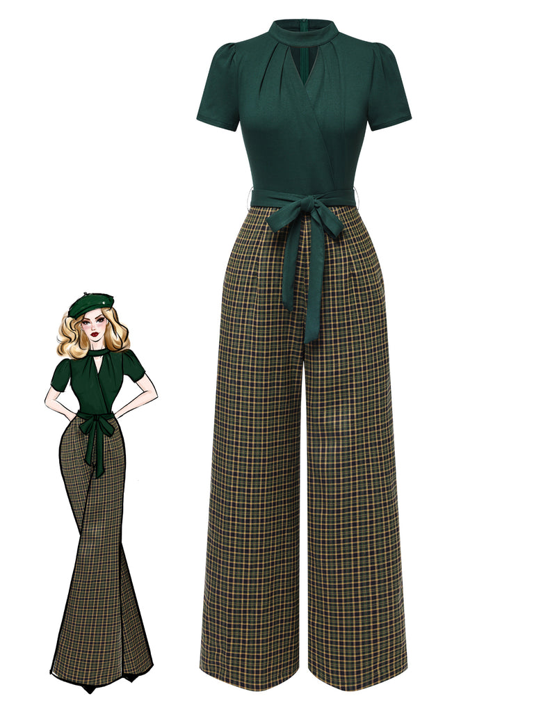 [Vorverkauf] Grün 1930er Plaid Schlüssellochhals Jumpsuit