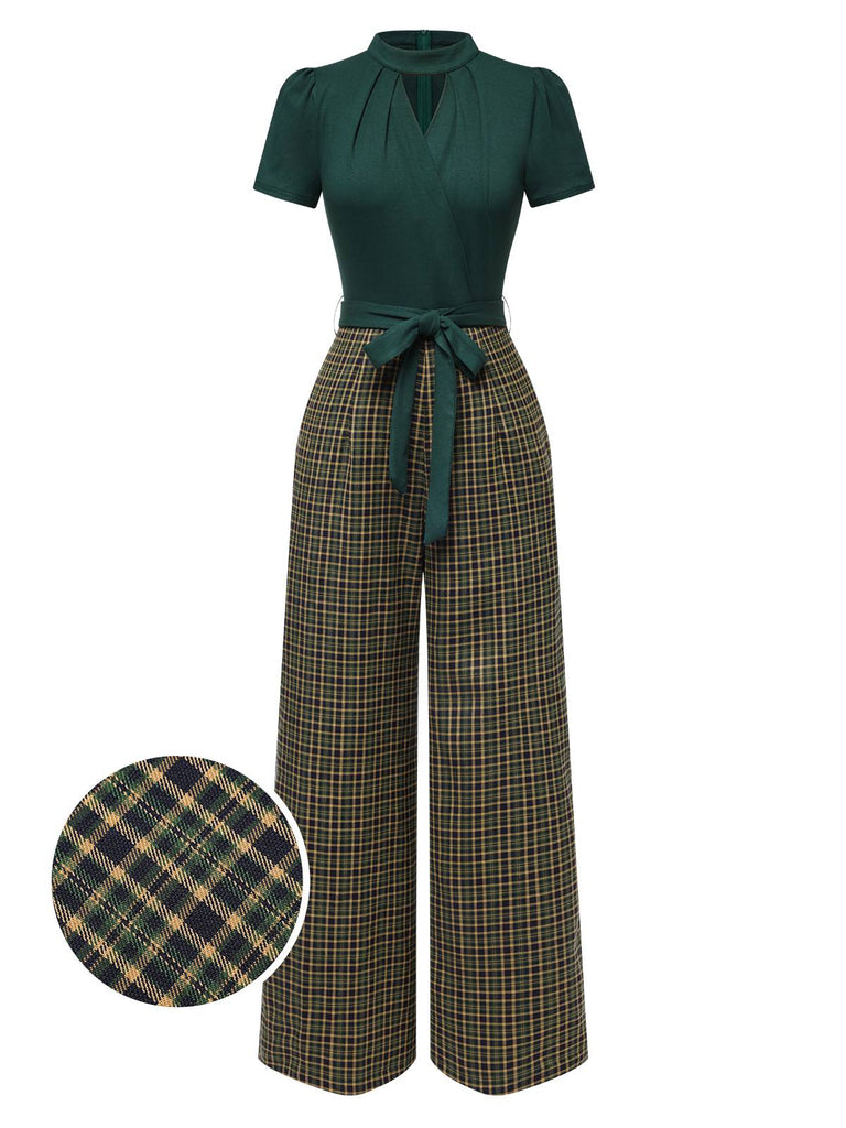 [Vorverkauf] Grün 1930er Plaid Schlüssellochhals Jumpsuit