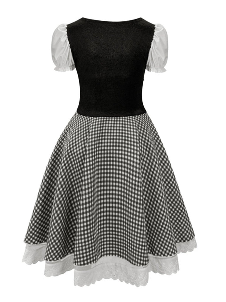 Blau 1950er Oktoberfest Puffärmel Gingham Plaid Kleid