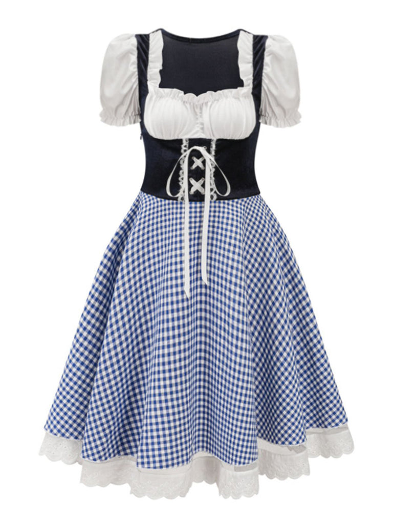 Grün 1950er Oktoberfest Puffärmel Gingham Plaid Kleid