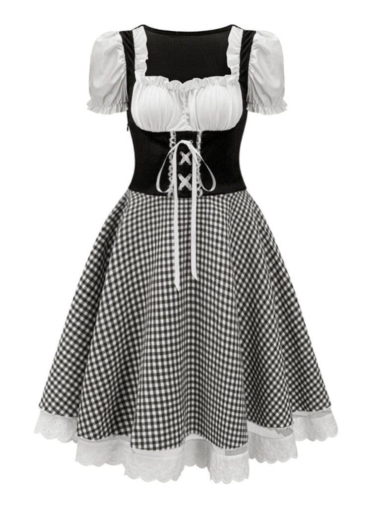 Grün 1950er Oktoberfest Puffärmel Gingham Plaid Kleid