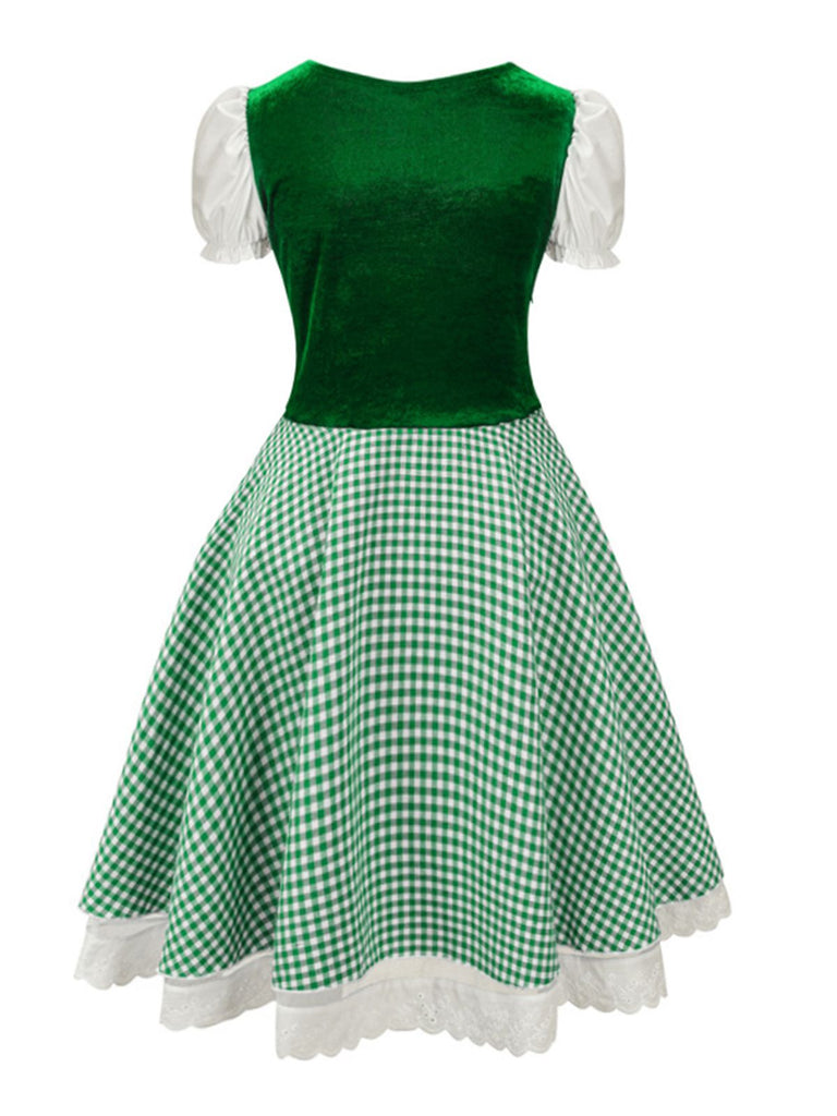 Grün 1950er Oktoberfest Puffärmel Gingham Plaid Kleid