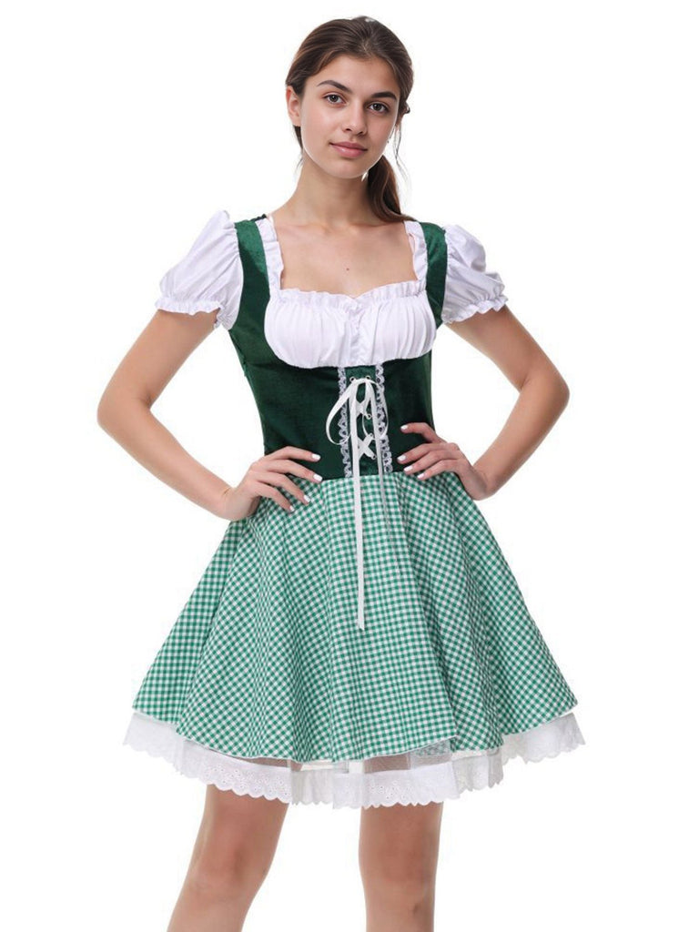 Grün 1950er Oktoberfest Puffärmel Gingham Plaid Kleid