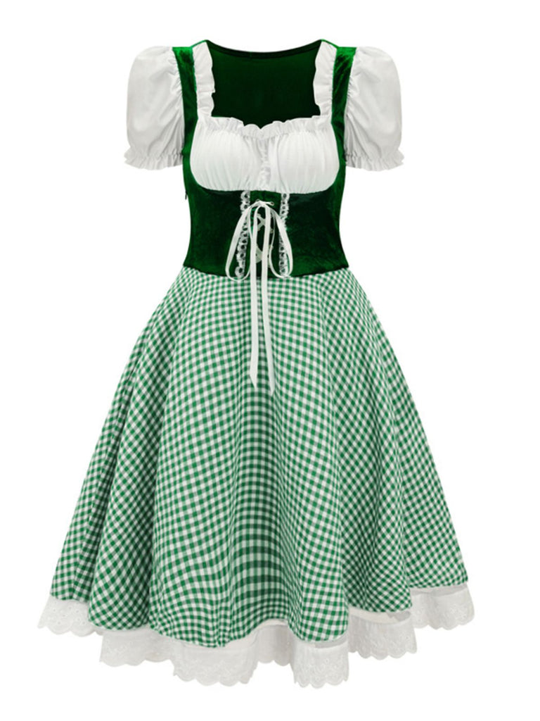 Grün 1950er Oktoberfest Puffärmel Gingham Plaid Kleid