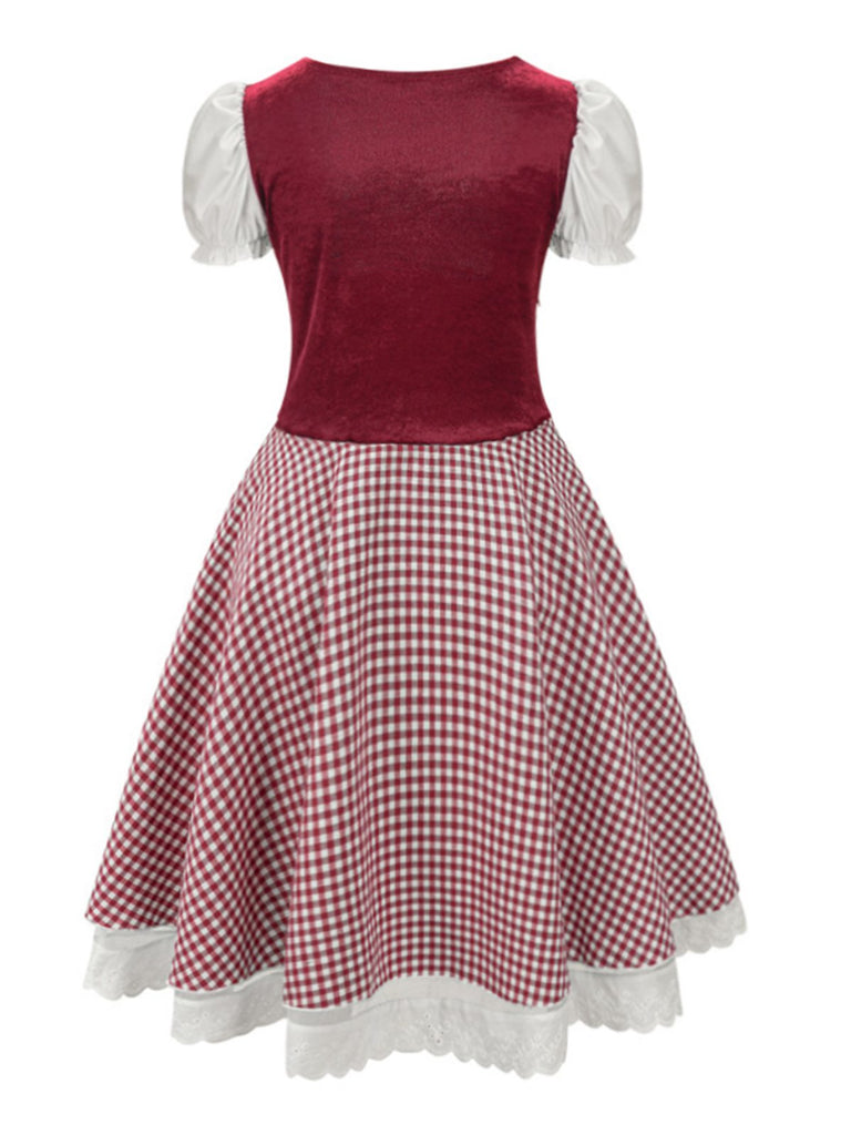 Schwarz 1950er Oktoberfest Puffärmel Gingham Plaid Kleid