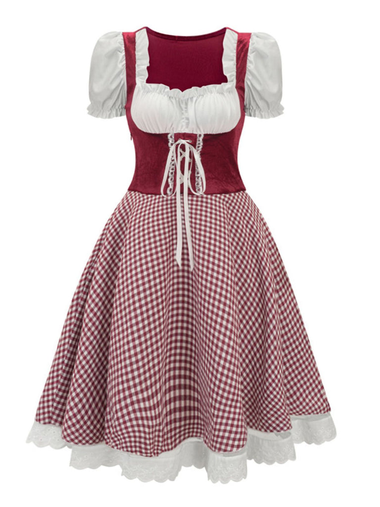 Blau 1950er Oktoberfest Puffärmel Gingham Plaid Kleid