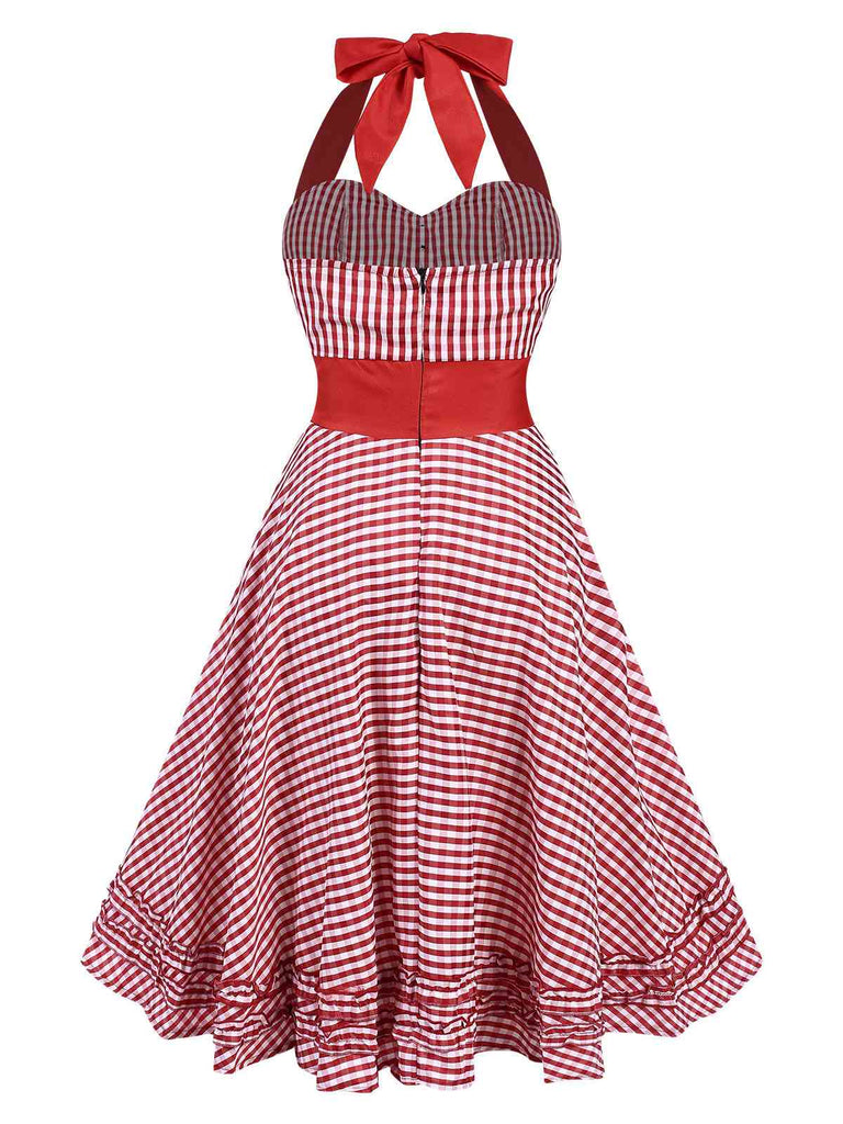 Rot 1950er Gingham Plaid Halter Kleid