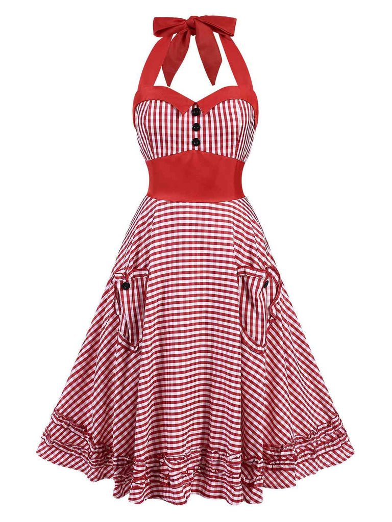 Rot 1950er Gingham Plaid Halter Kleid