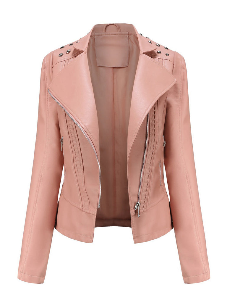 Rosa 1980er Solide Revers Leder Jacke