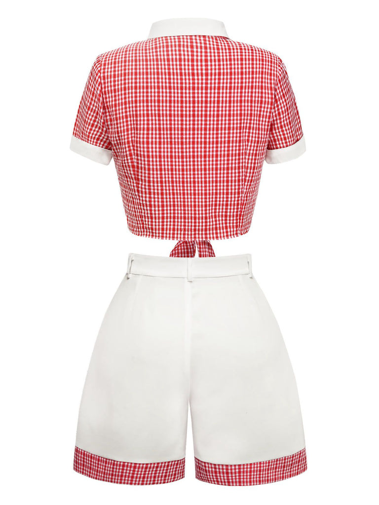 [Vorverkauf] 2PCS Rot 1930er Revers Plaid Top&Plissiertes Shorts