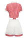 [Vorverkauf] 2PCS Rot 1930er Revers Plaid Top&Plissiertes Shorts