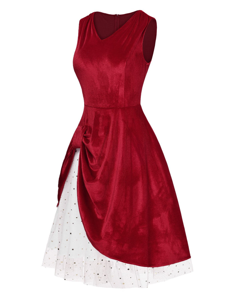 [Vorverkauf] Rot 1950er V-Ausschnitt Samt Patchwork Kleid