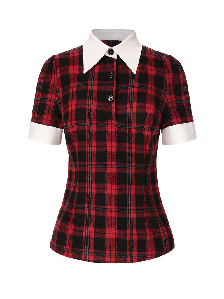 [Vorverkauf] Rot 1930er Hemdkragen Gingham Plaid Top