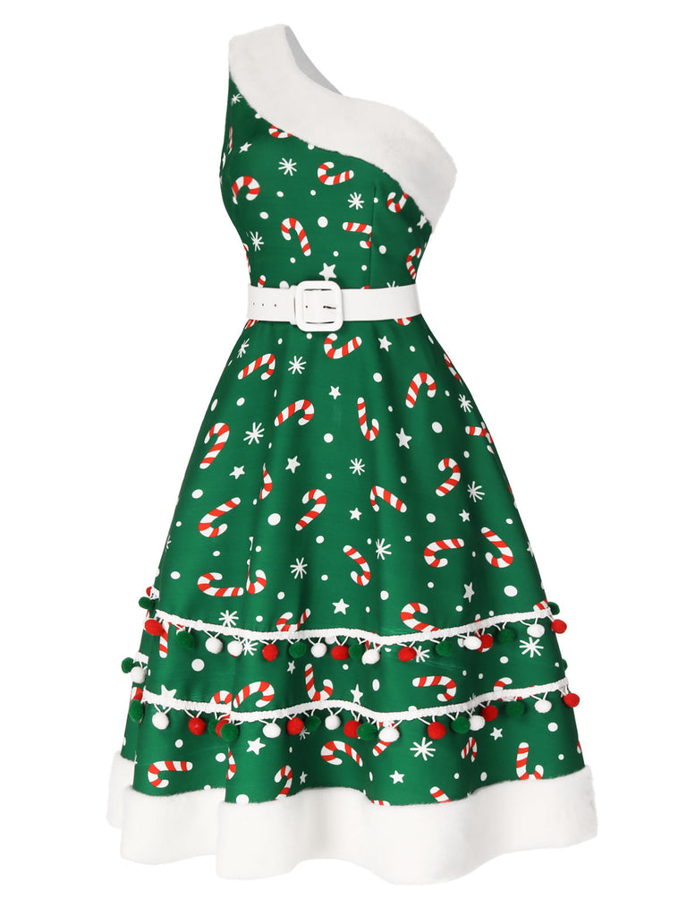 Grün 1950er Weihnachtskleid Süßigkeiten Eine Schulter Kleid