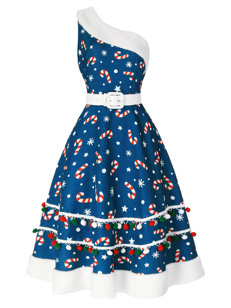 [Vorverkauf] Grün 1950er Weihnachtskleid Süßigkeiten Eine Schulter Kleid