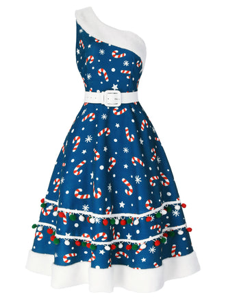 Blau 1950er Weihnachtskleid Süßigkeiten Eine Schulter Kleid