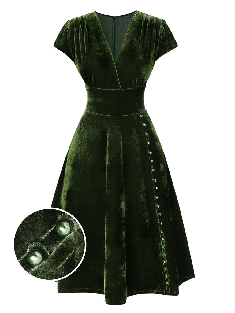 Blau 1940er Tief V-Ausschnitt Perle Samt Kleid