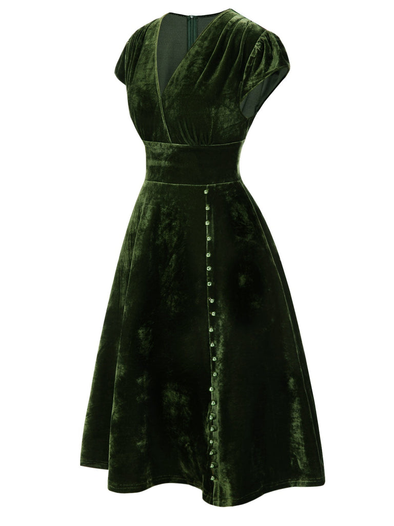 Blau 1940er Tief V-Ausschnitt Perle Samt Kleid