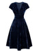 Blau 1940er Tief V-Ausschnitt Perle Samt Kleid