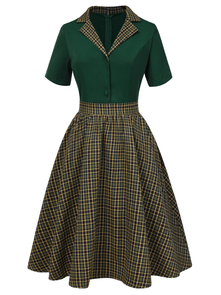 Grün 1950er Plaid Patchwork Revers Kleid