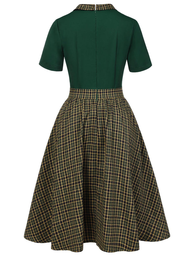 [Vorverkauf] Grün 1950er Plaid Patchwork Revers Kleid