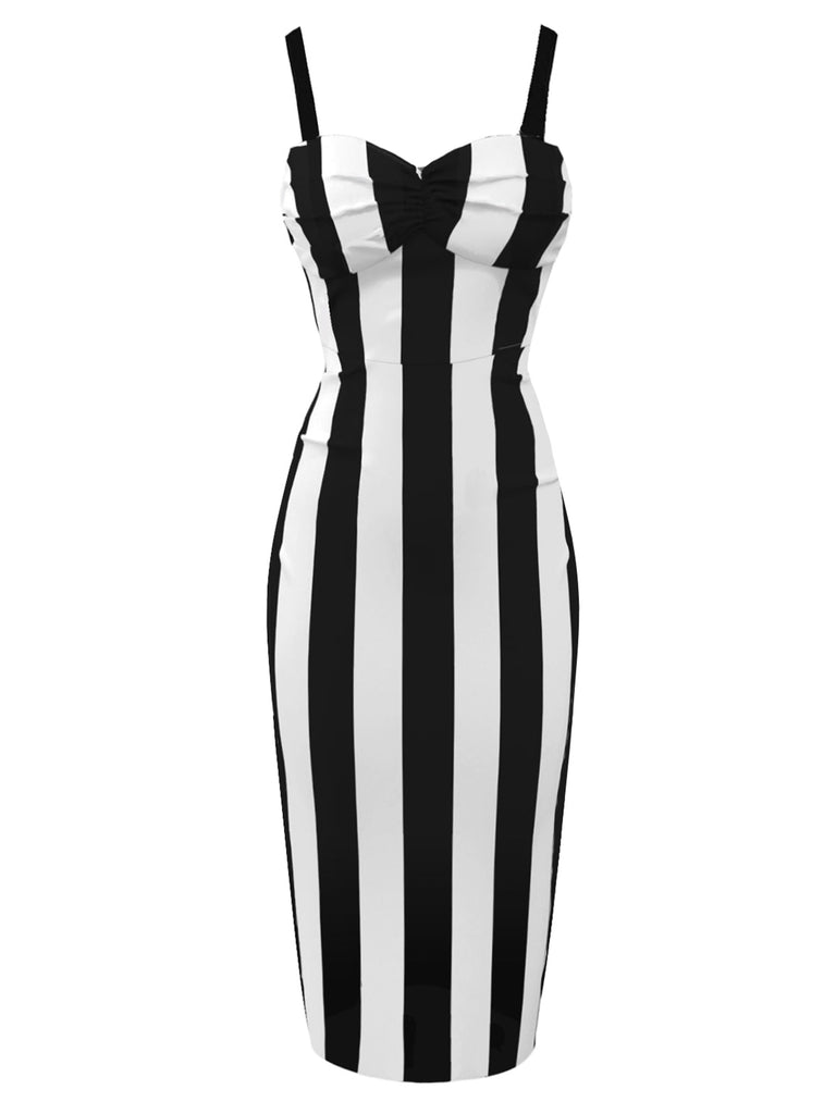 Beetlejuice Kostüm Schwarz 1960er Vertikale Streifen Träger Bleistiftkleid