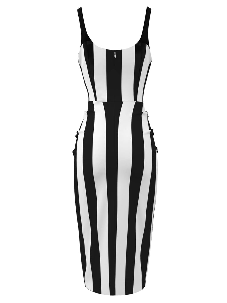 Beetlejuice Kostüm Schwarz 1960er Vertikale Streifen Träger Bleistiftkleid