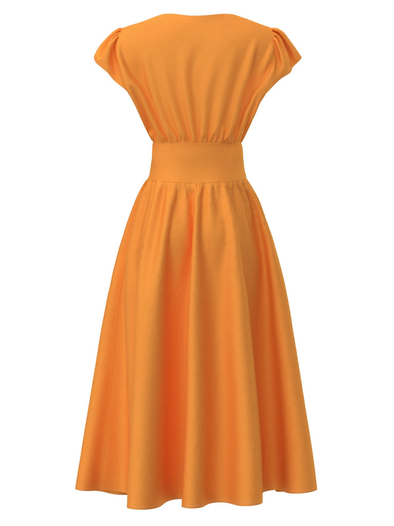 [Vorverkauf] Orange 1950er V-Ausschnitt Flügelärmel Satin Kleid