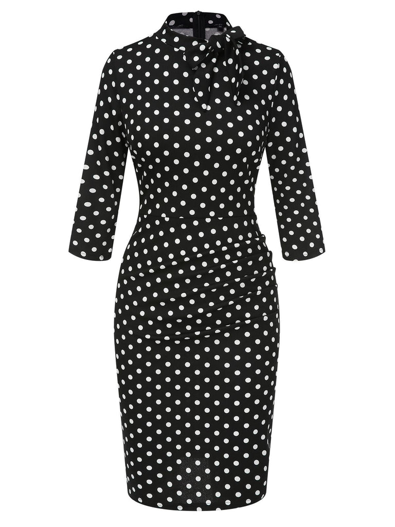 Schwarz 1960er Krawattenhals Polka Dots Kleid