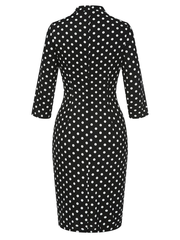 Schwarz 1960er Krawattenhals Polka Dots Kleid