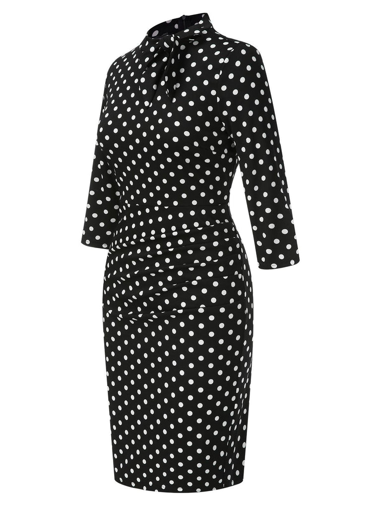 Schwarz 1960er Krawattenhals Polka Dots Kleid