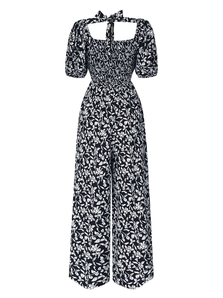 Schwarz 1930er Quadratischer Hals Puff Blumen Jumpsuit