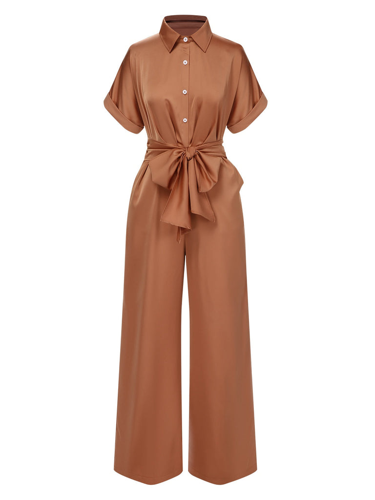 Hellbraun 1930er Solide Gürtel Jumpsuit