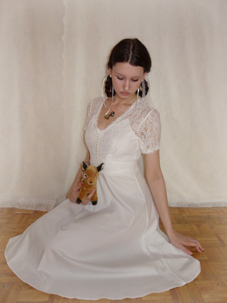 Weiß 1940er V-Ausschnitt Spitze Patchwork Kleid