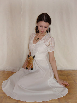 Weiß 1940er V-Ausschnitt Spitze Patchwork Kleid