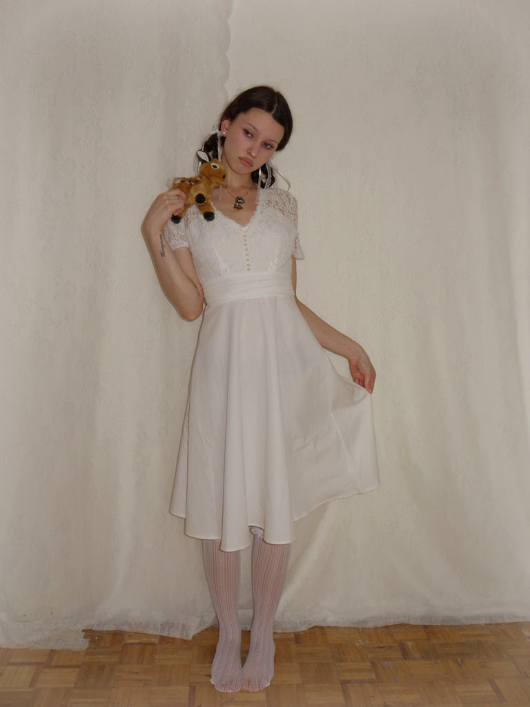 Weiß 1940er V-Ausschnitt Spitze Patchwork Kleid