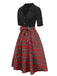 [Vorverkauf] Schwarz 1940er Schleife Plaid Patchwork Revers Kleid