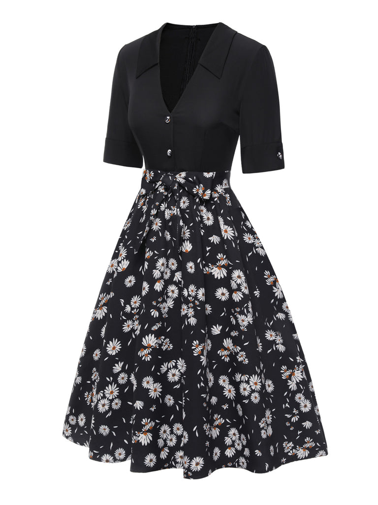 [Vorverkauf] Schwarz 1940er Blümchen Patchwork Revers Kleid